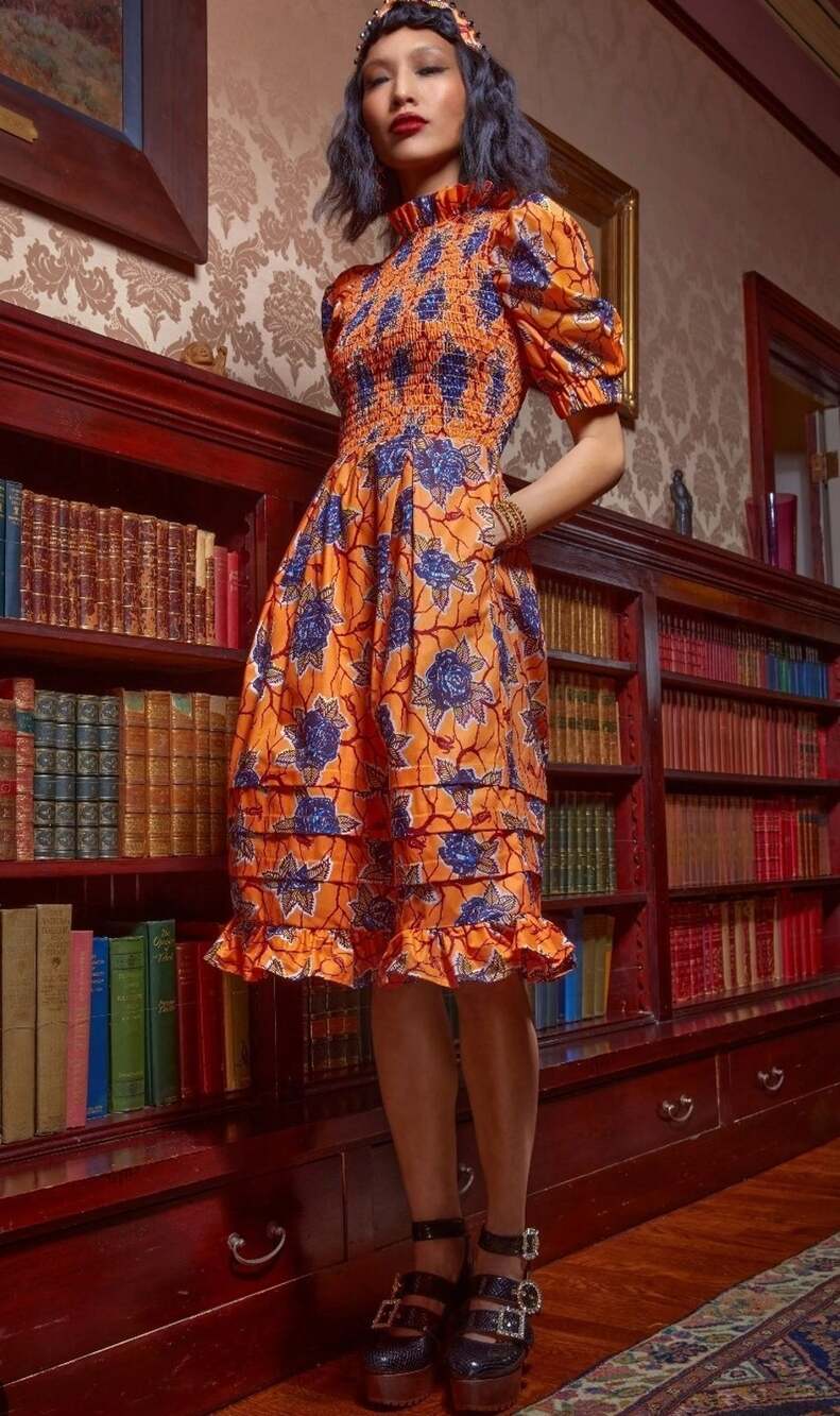 NWT Autumn Adeigbo Orange Blue Cotton Floral Smocked Lana A-Line Dress Size 8